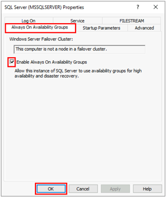 Screenshot that shows the properties for Always On availability groups.