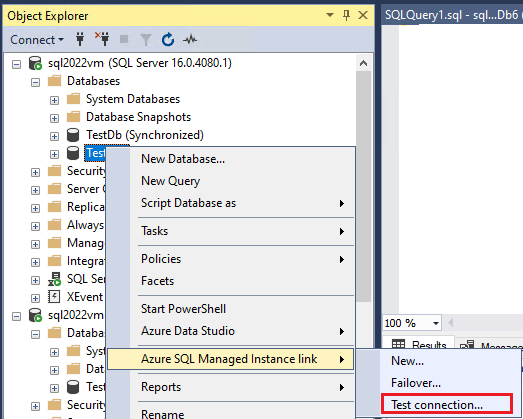 Screenshot of object explorer in S S M S, with test connection selected in the database link right-click menu.