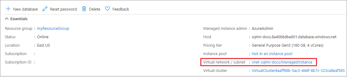 Screenshot of the SQL managed instance overview section.