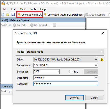 Screenshot of the "Connect to MySQL" pane for specifying connections to the source.