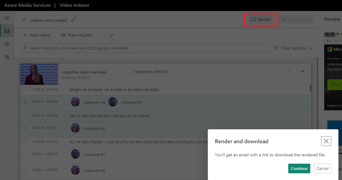 Screenshot shows Azure AI Video Indexer with the option to Render and download your project