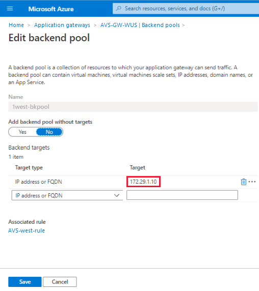 Screenshot of Edit backend pool page with target IP address highlighted.