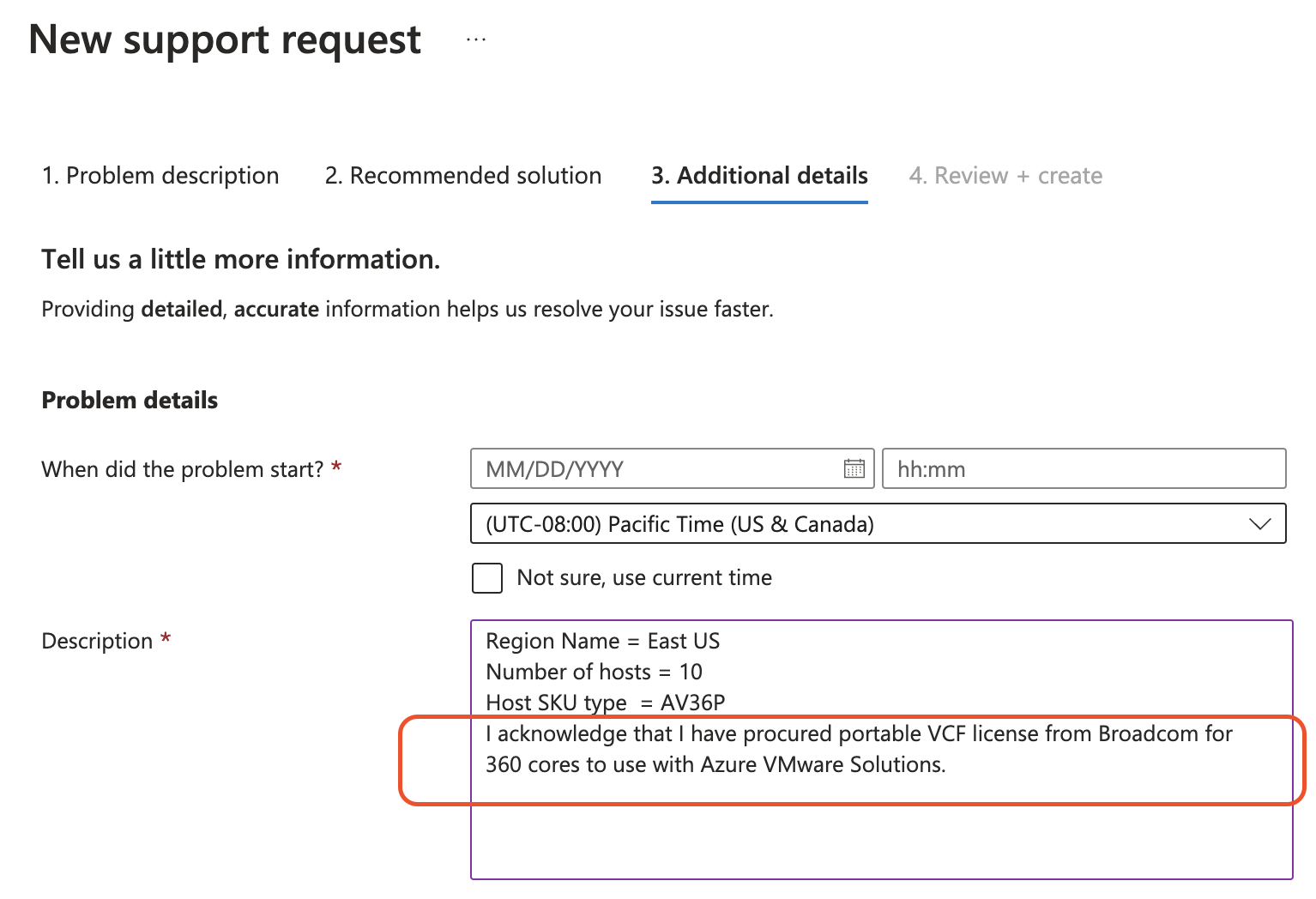 Screenshot of the quota request description for VCF subscription portability offering on Azure VMware Solution.