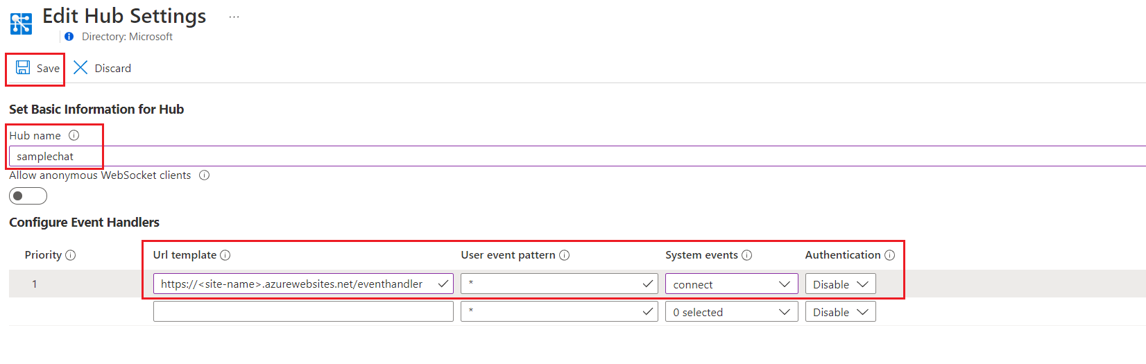 Screenshot of Azure Web PubSub Configure Hub Settings.