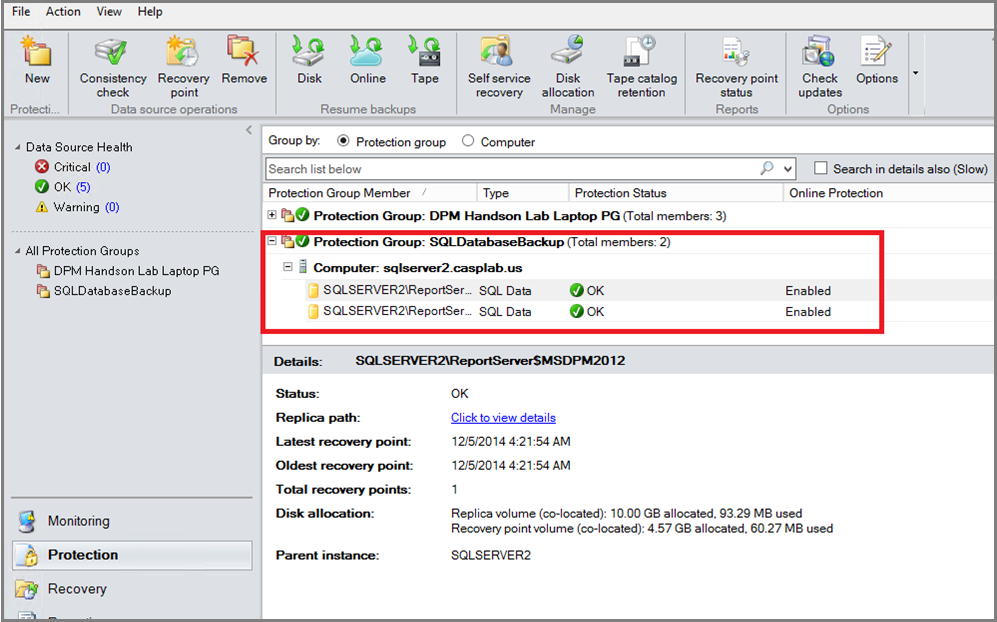 Screenshot shows the database status in a protection group.