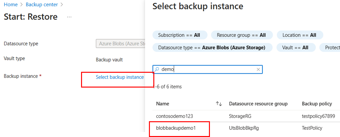 Select Backup Instance