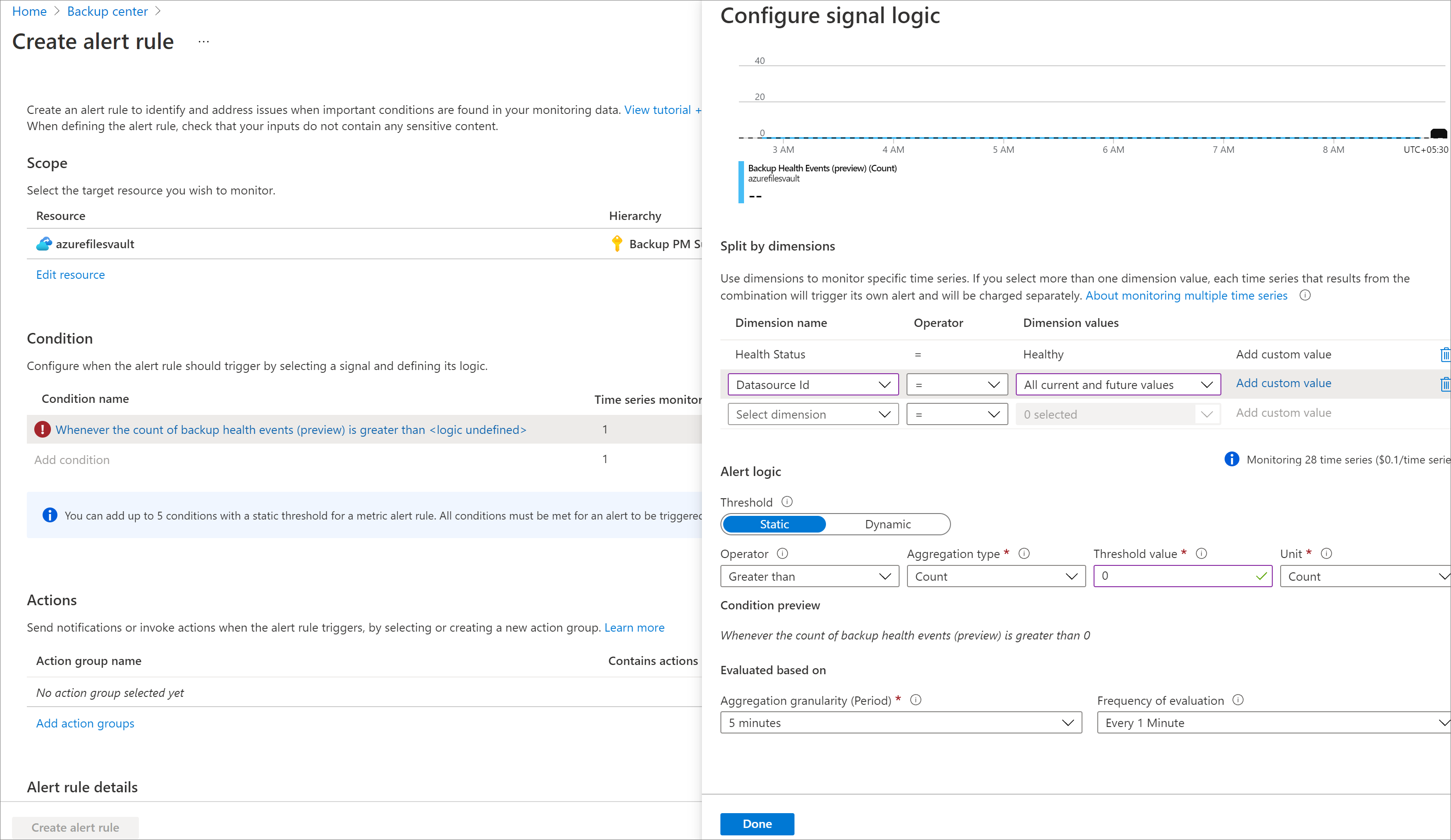 Screenshot showing the option to select the condition on which the alert should be fired.