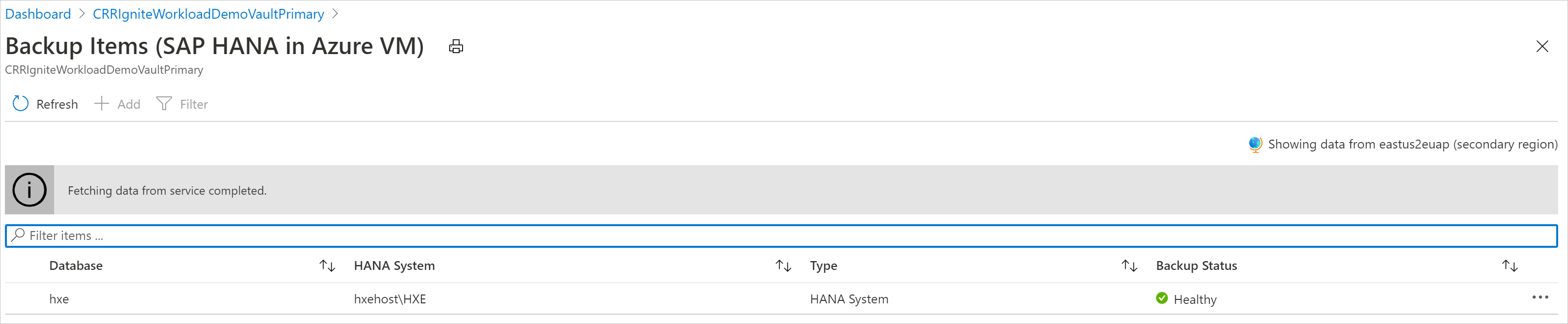 Screenshot that shows databases in the secondary region