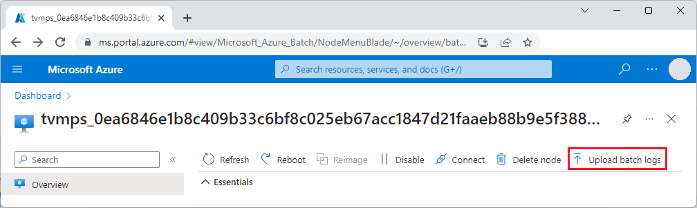 Screenshot of a node overview page with Upload batch logs highlighted.