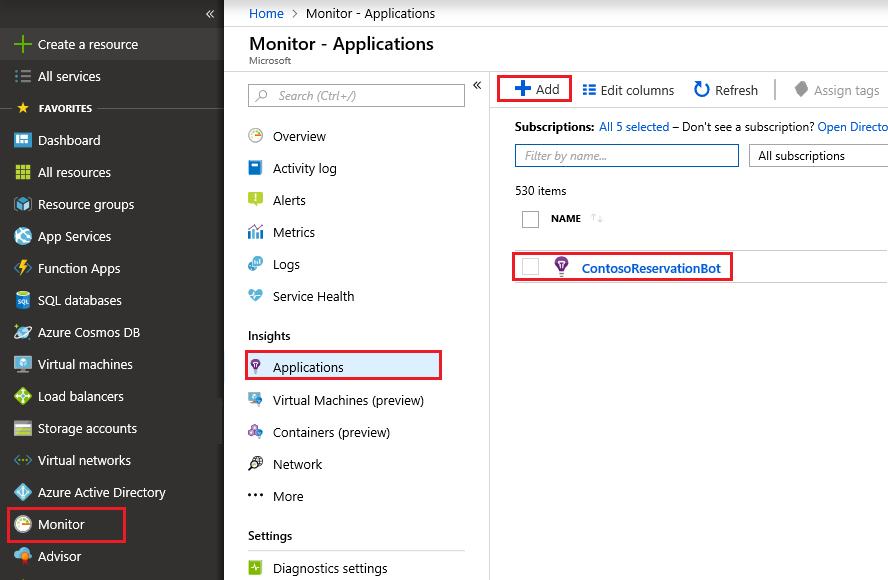 Portal screen capture of Application Insights listing.