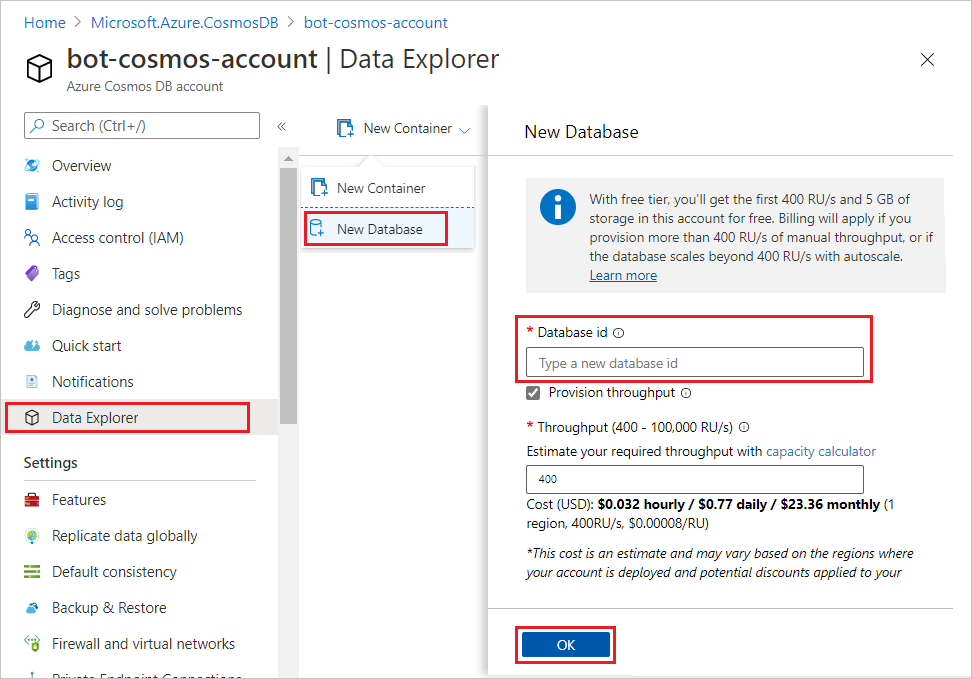 Screenshot of creating your Cosmos DB database.