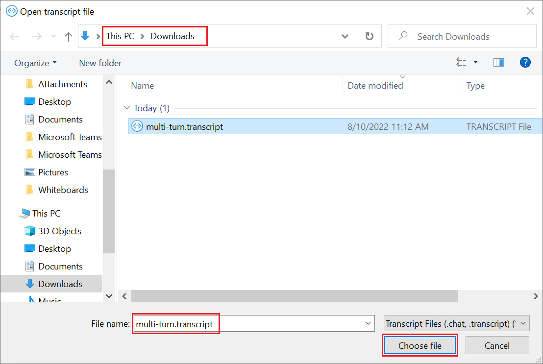 Screenshot of the 'open transcript file' dialog.