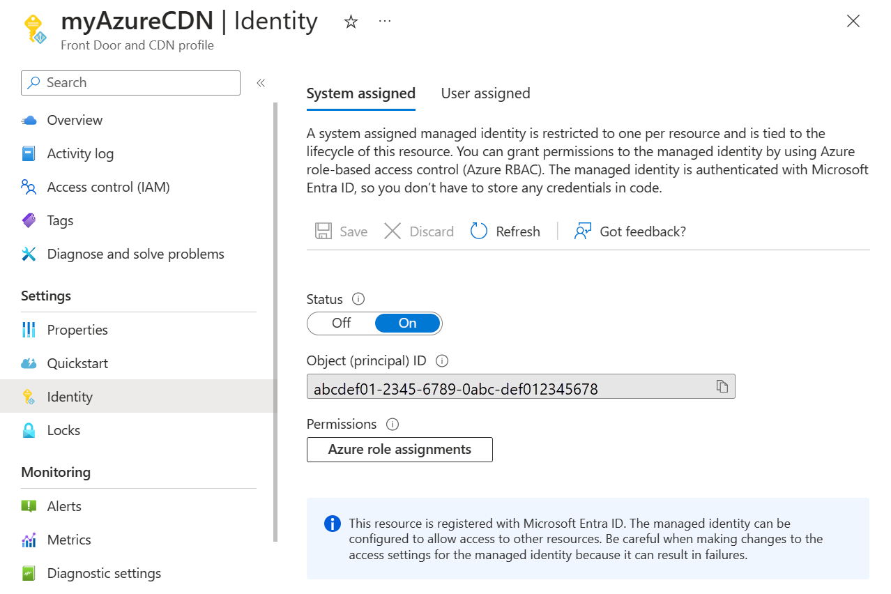 Screenshot of the system assigned managed identity registered with Microsoft Entra ID.