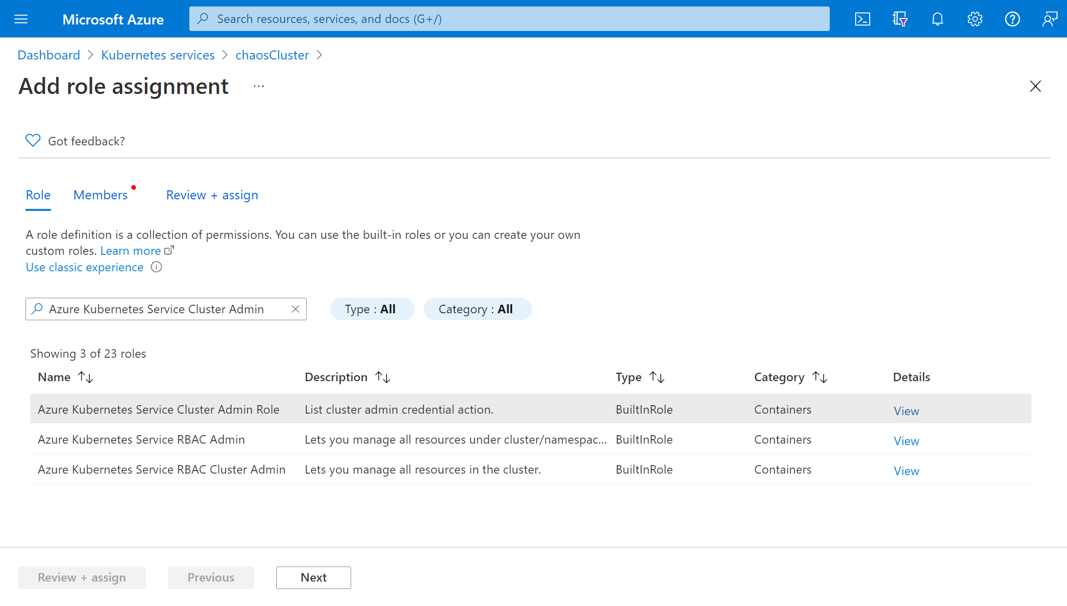 Screenshot that shows assigning the AKS Cluster Admin role.