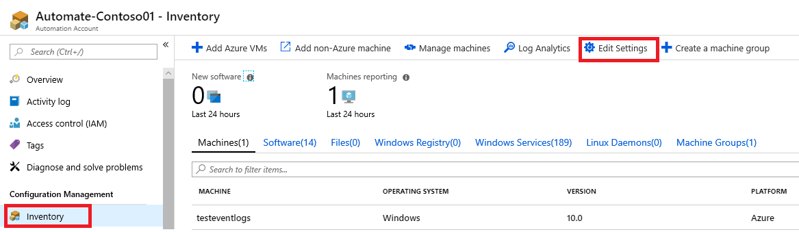Screenshot of the Inventory view of Azure Automation in the Azure portal.
