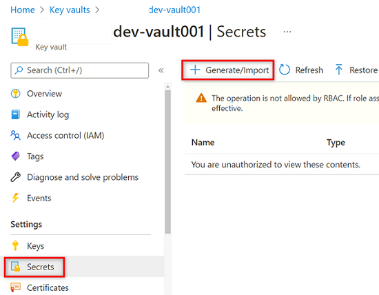 Screenshot that shows the key vault Generate/Import button highlighted.