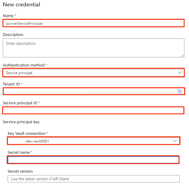 Screenshot that shows the new credentials form, with values highlighted.