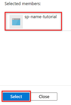 Screenshot that shows the results pane after searching for a service principal name.