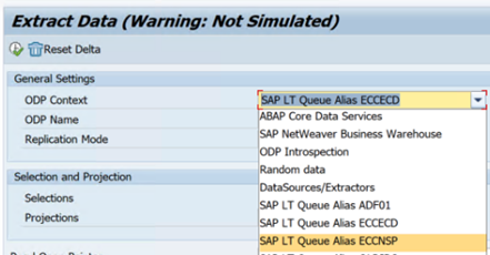 Screenshot that shows the ODP Context dropdown in the Extract Data dialog.