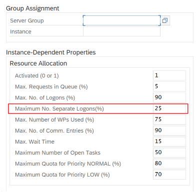 Screenshot that shows the Instance Dependent Properties section. Maximum number of separate logons is highlighted.