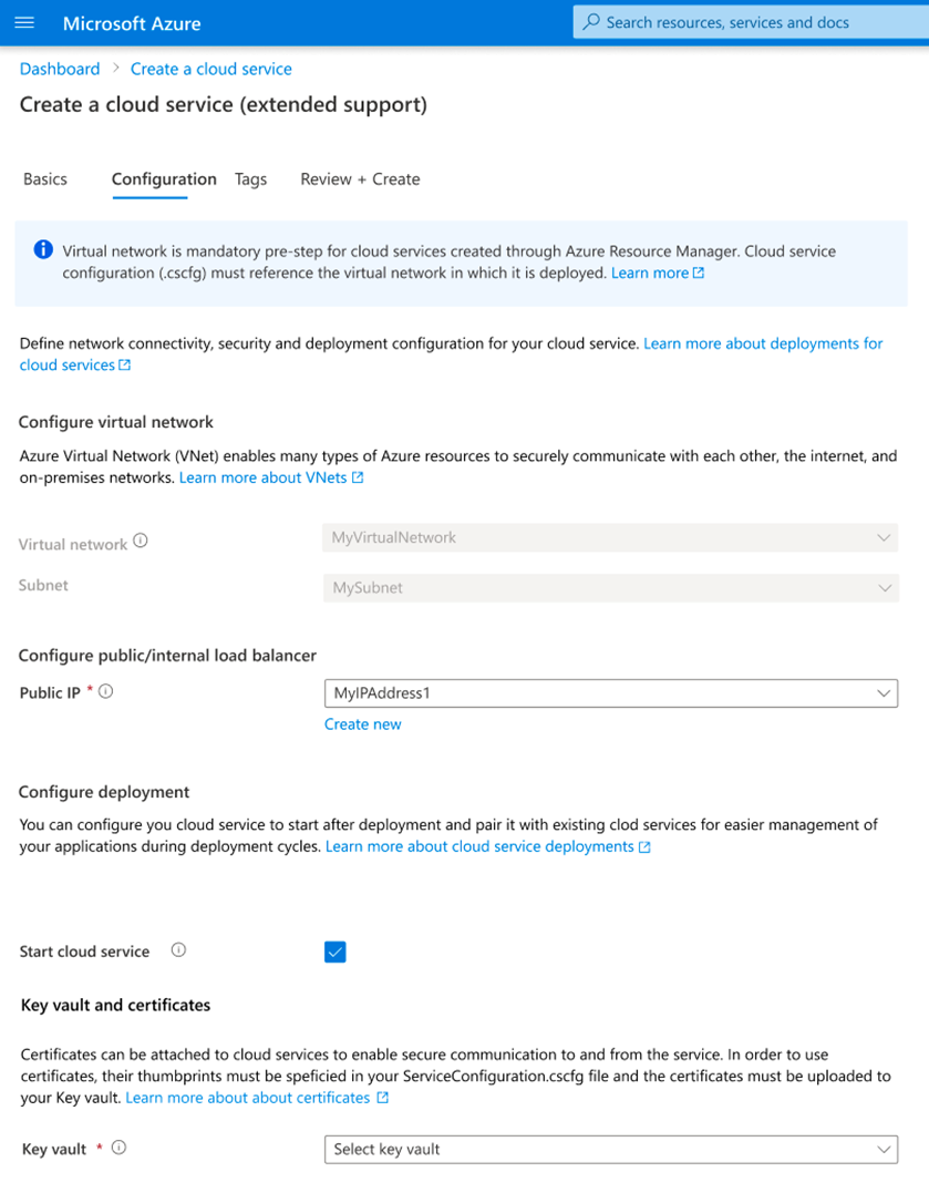Screenshot that shows the Configuration tab in the Azure portal when you create a Cloud Services (extended support) deployment.