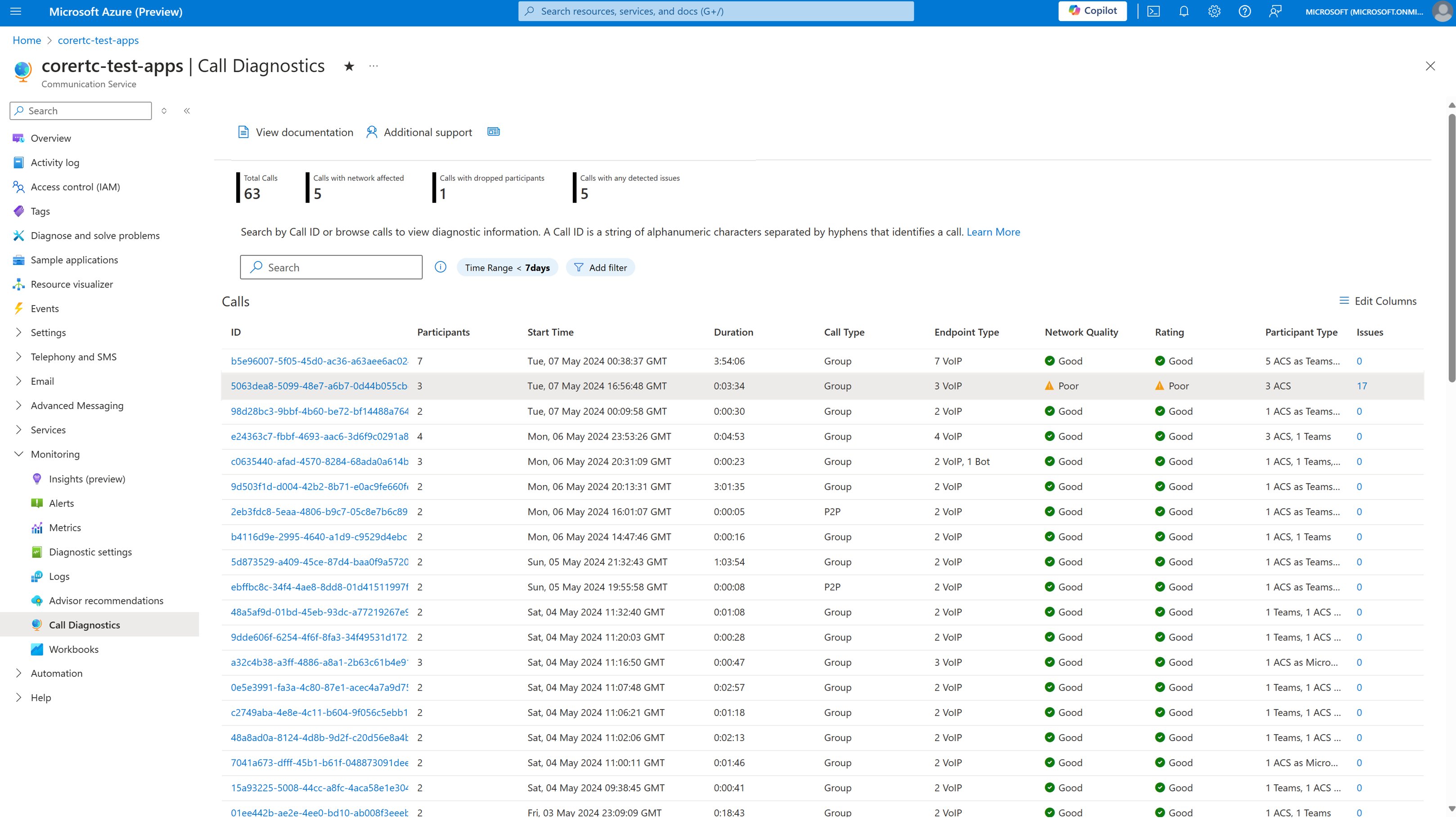 Screenshot of the Call Diagnostics Call Search showing recent calls for your Azure Communications Services Resource.