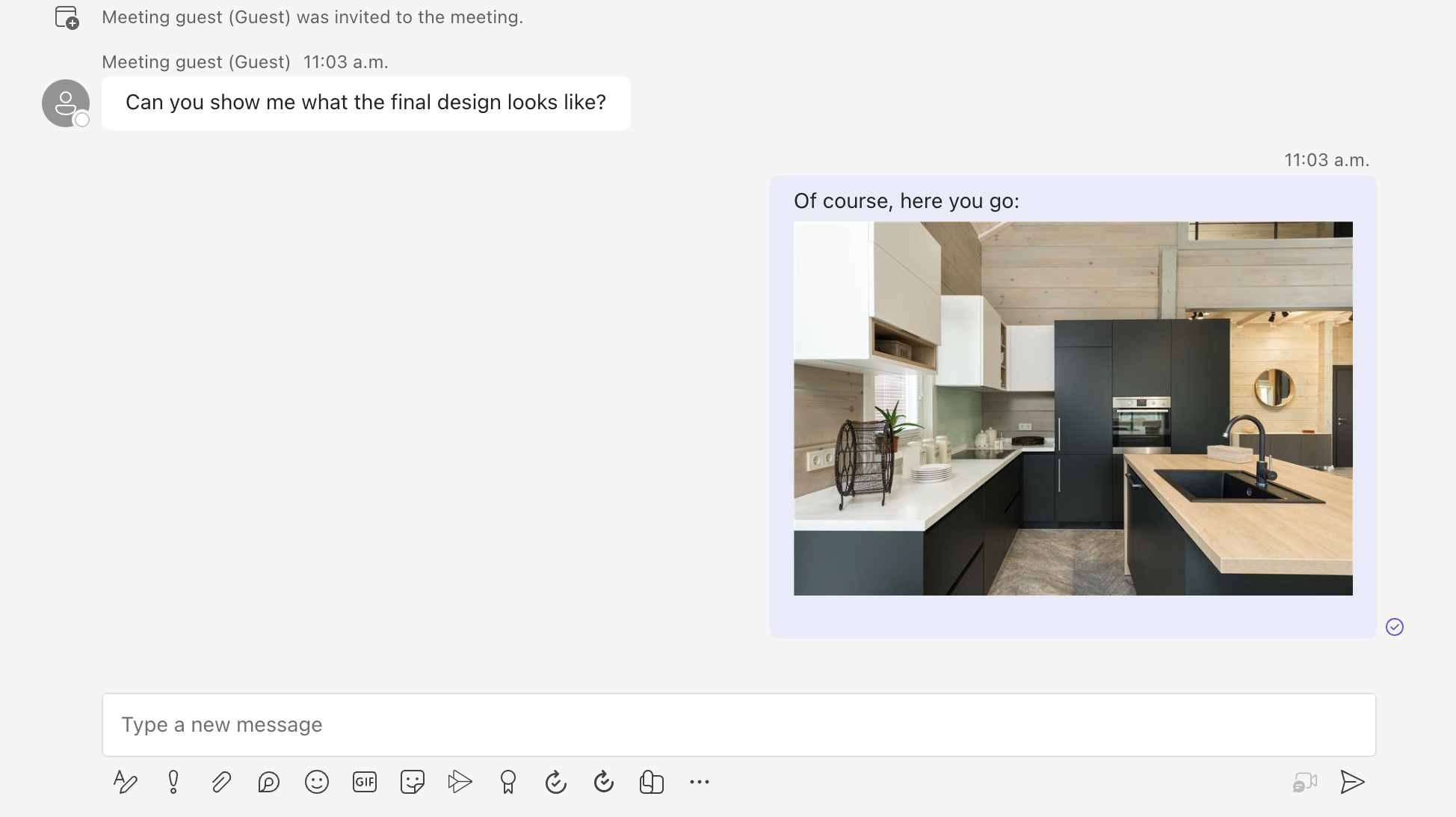 Screenshot that shows the Teams client showing a message with the image attachment sent to the other participant.