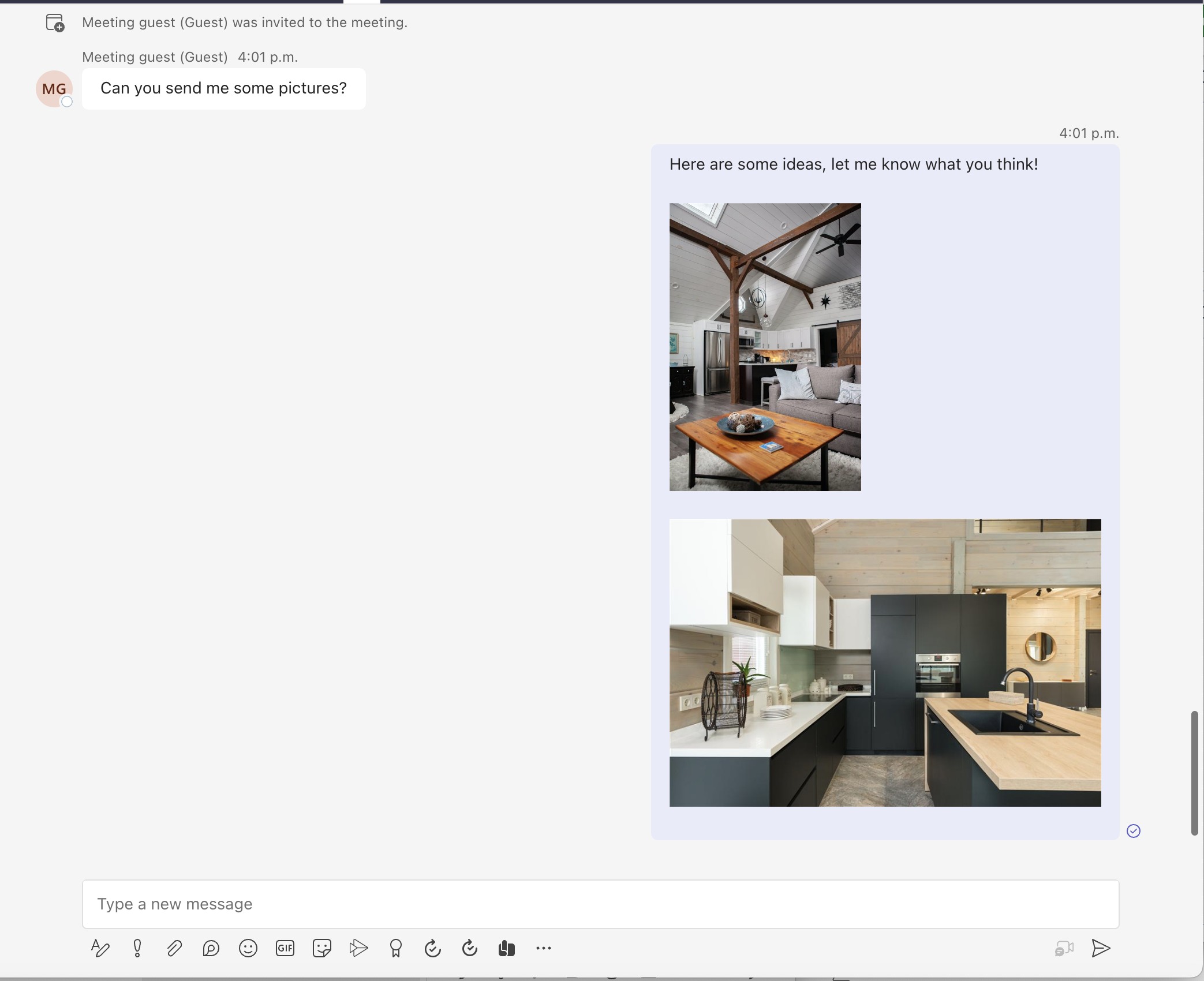 Screenshot that shows a Teams client with a sent message that reads: Here are some ideas, let me know what you think! The message also contains two inline images of room interior mockups.