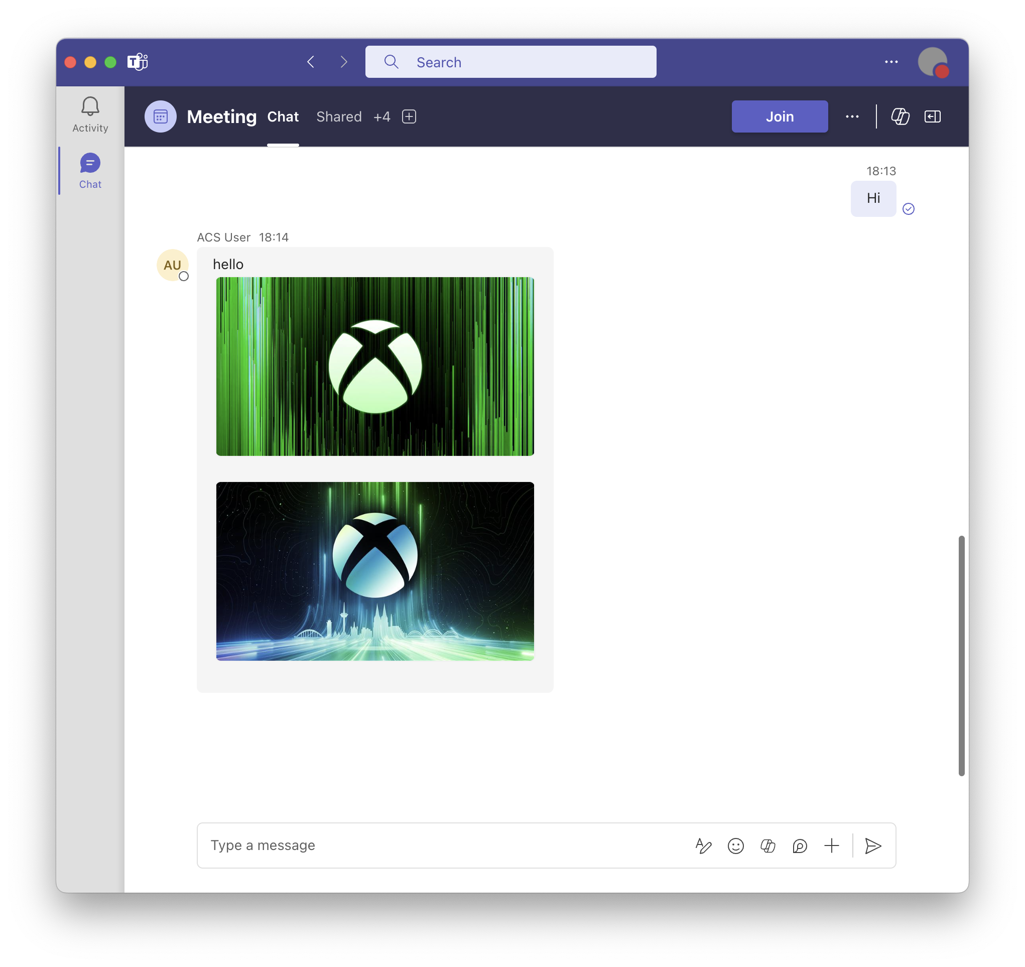 Screenshot that shows the Teams client with a received message with two embedded images.