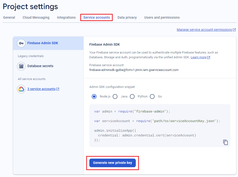 Screenshot of how to generate a new private key for FMC v1 in Firebase console.