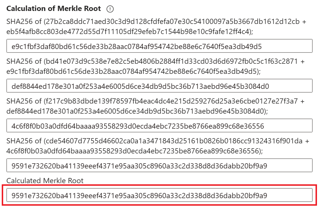 Screenshot of the calculated Merkle root in Ledger explorer.