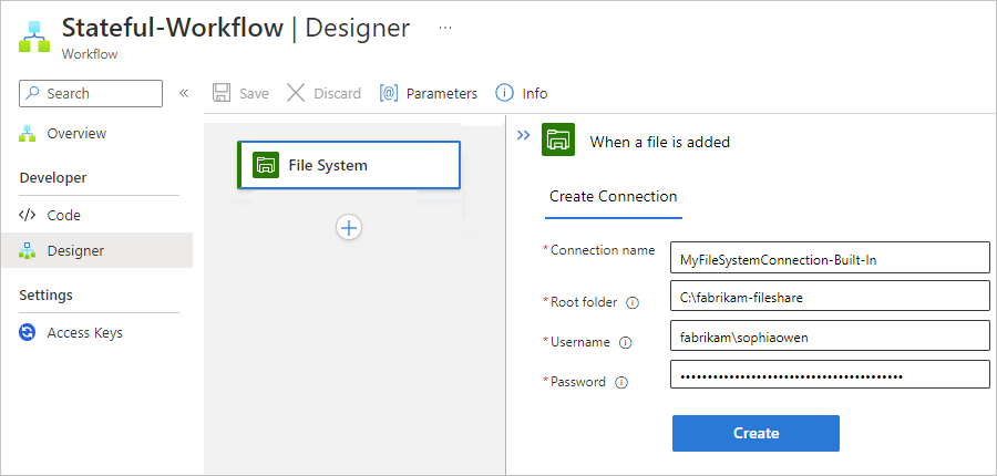 Screenshot showing Standard workflow designer and connection information for File System built-in connector trigger.