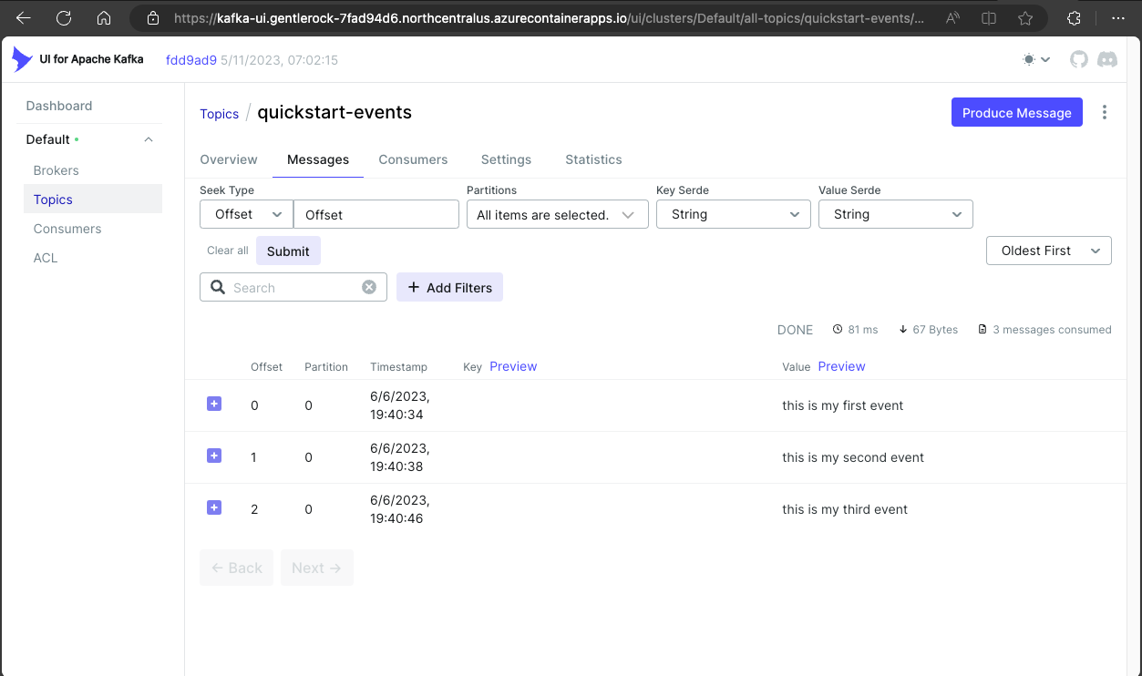 Screenshot of pgweb Container App connecting to Kafka service.