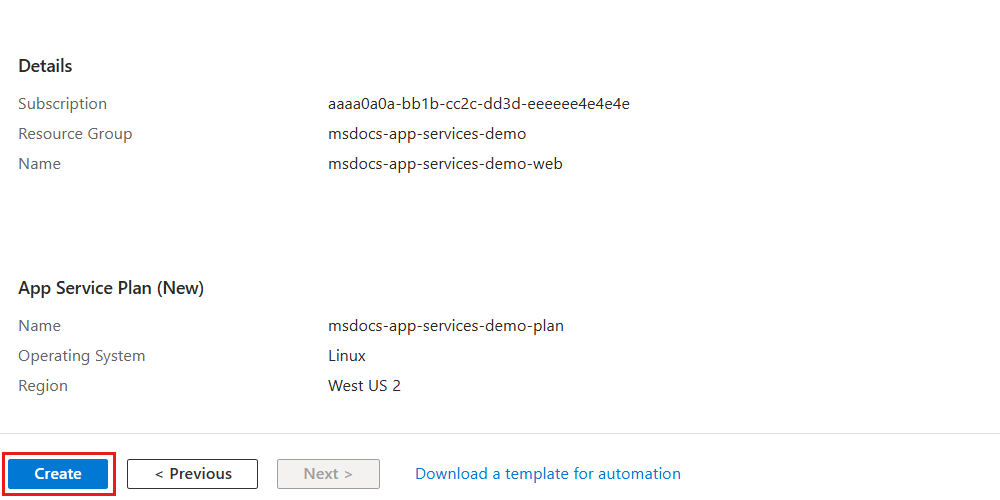 Screenshot of the resource validation step in the creation experience for a web app resource.