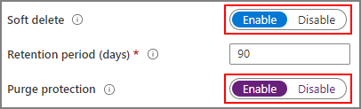 Screenshot of the soft delete and purge protection properties for a new Azure Key Vault instance.