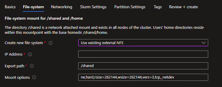 Screenshot of the File-system mount for /shared and /home use external NFS options screen