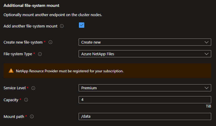 Screenshot of the Additional File-system mount for create new Azure NetApp Files