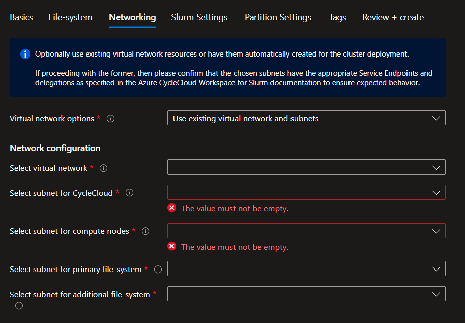 Screenshot of the Networking options for using an existing one