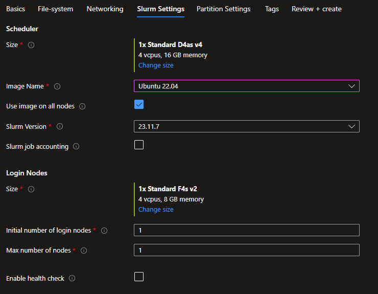 Screenshot of the Slurm settings