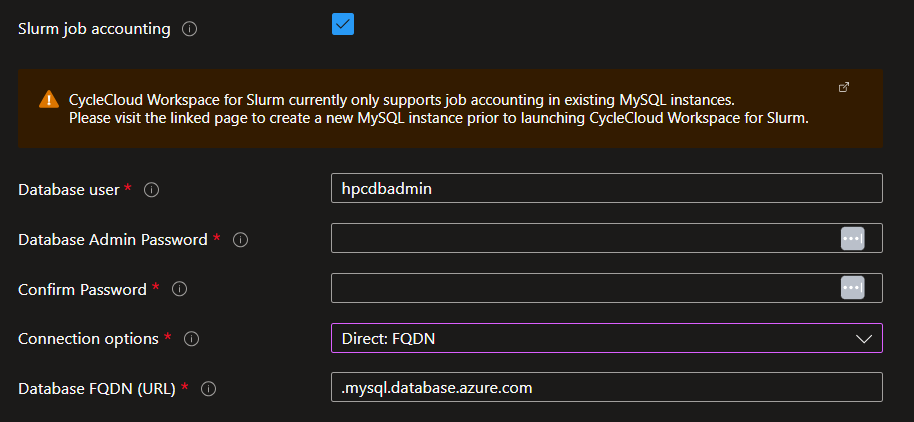 Screenshot of the Slurm Setting options for job accounting database with Private Endpoint