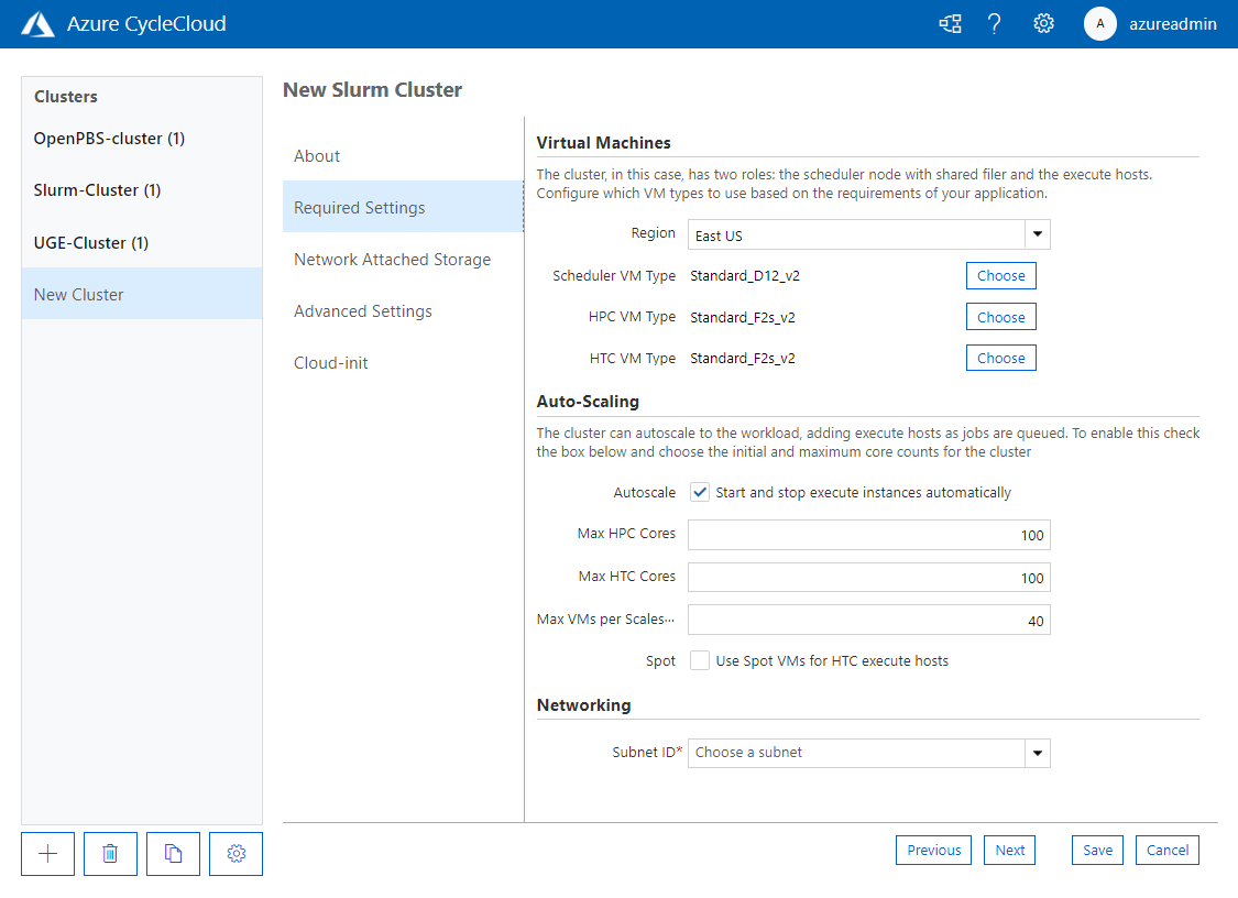 CycleCloud New Cluster Form