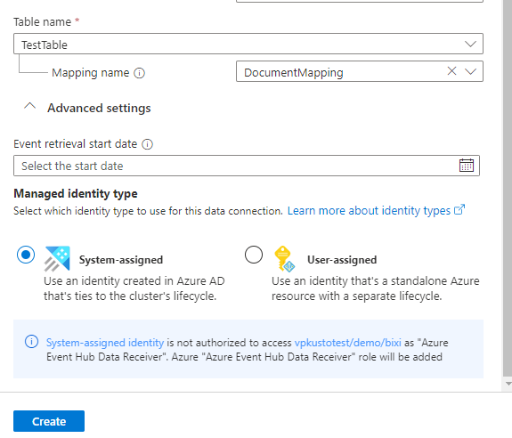 Screenshot of the data connection pane, showing the Advance settings.