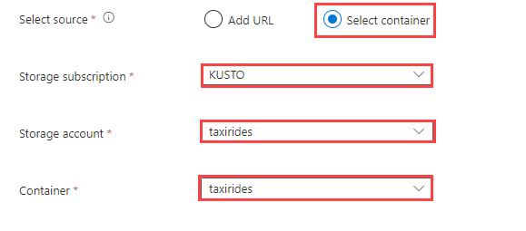 Screenshot of dialog box for selecting container from storage subscription and account.