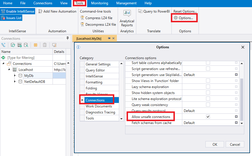 Screenshot of Kusto Explorer connection options.