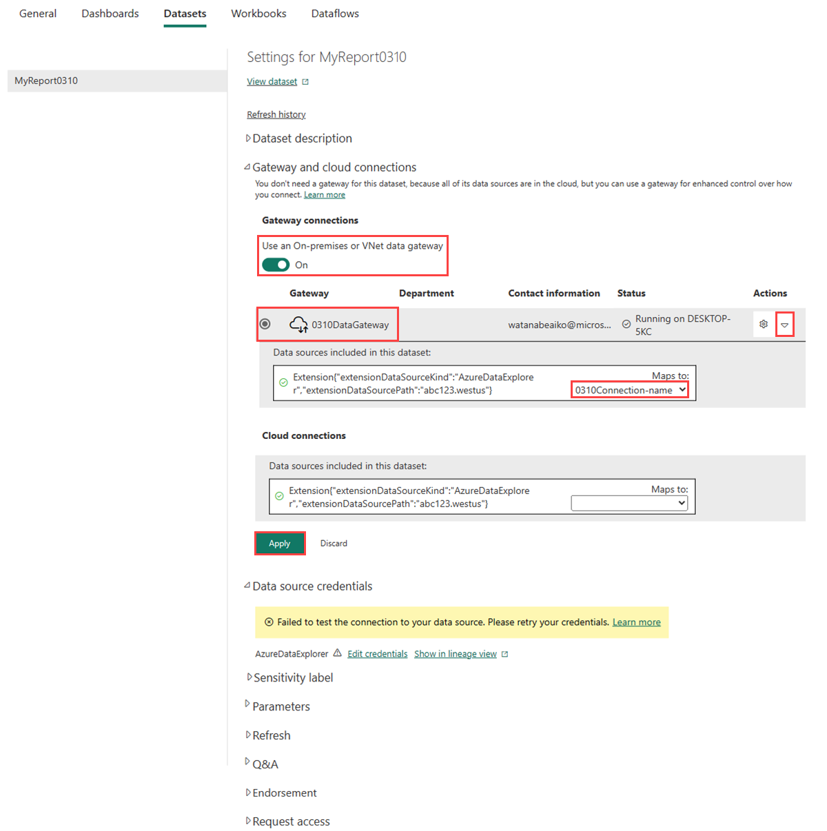 Screenshot of the dataset settings showing the configured gateway and cloud connections.