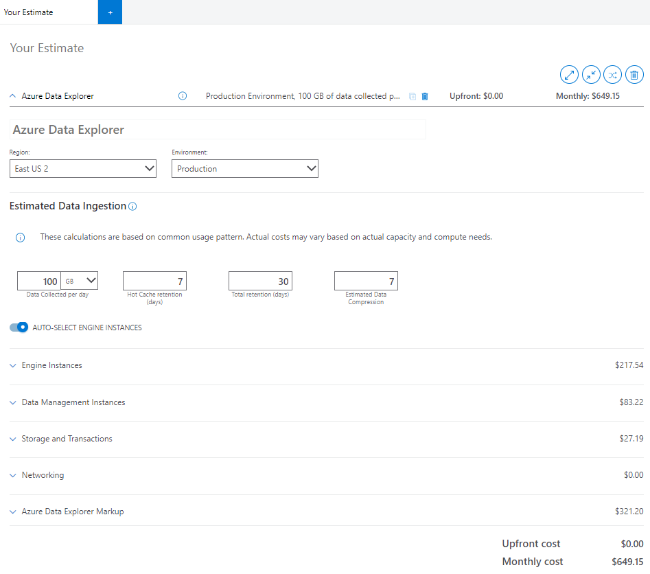 Screenshot of the online Azure Data Explorer pricing calculator.