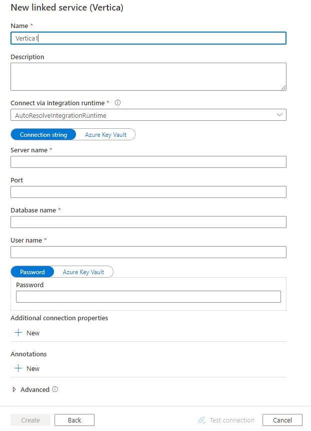 Screenshot of linked service configuration for Vertica.