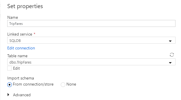 Screenshot from the Azure portal of the properties of adding a new Azure SQL Database dataset to the data flow.