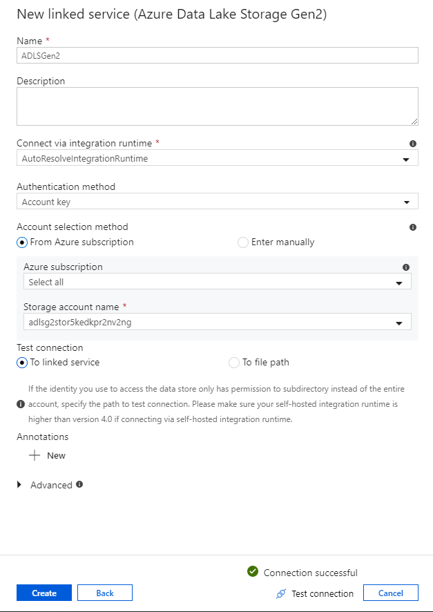 Screenshot from the Azure portal of configuring a new ADLS Gen2 linked service.