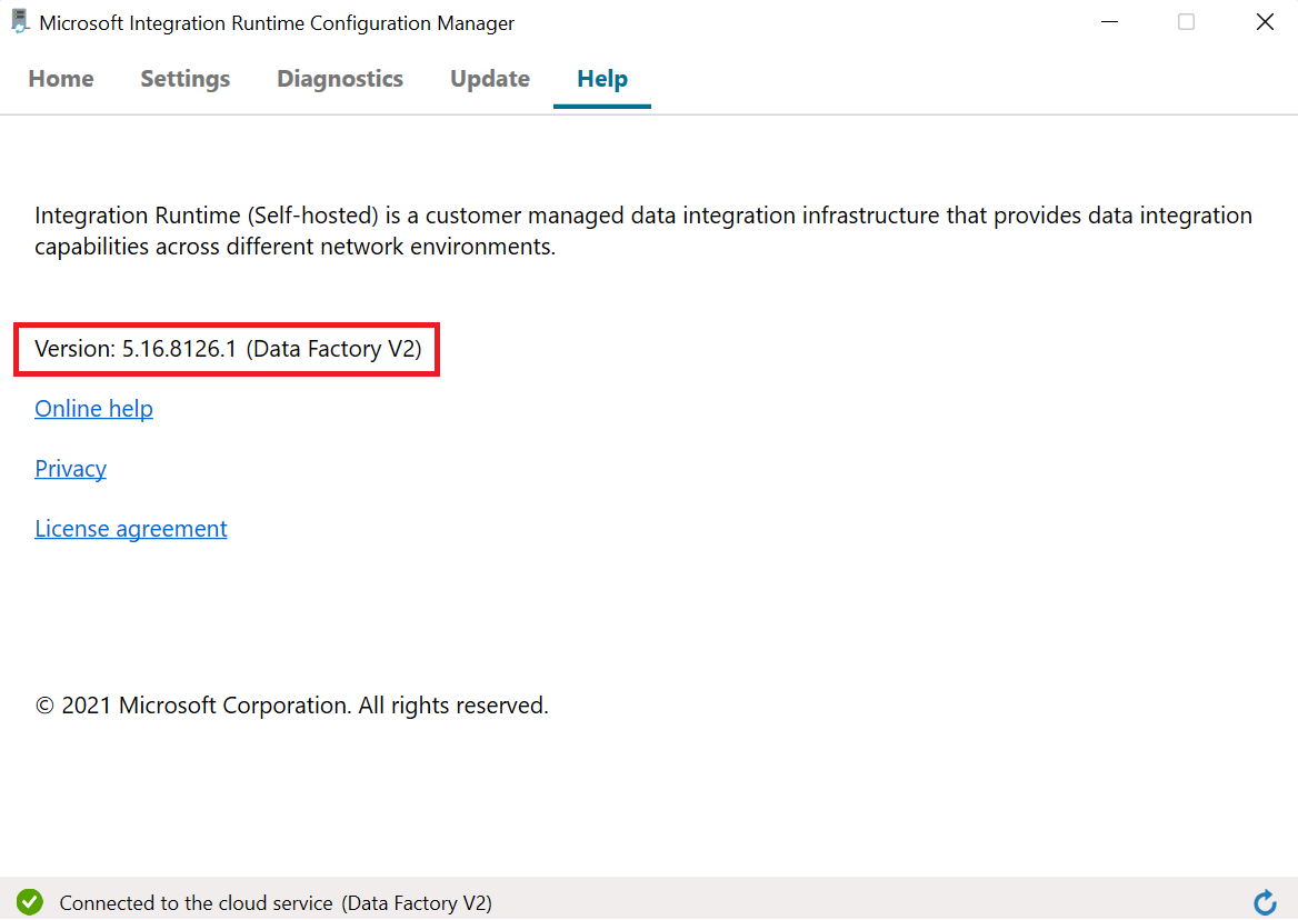 Screenshot that shows the version in self-hosted integration runtime client.